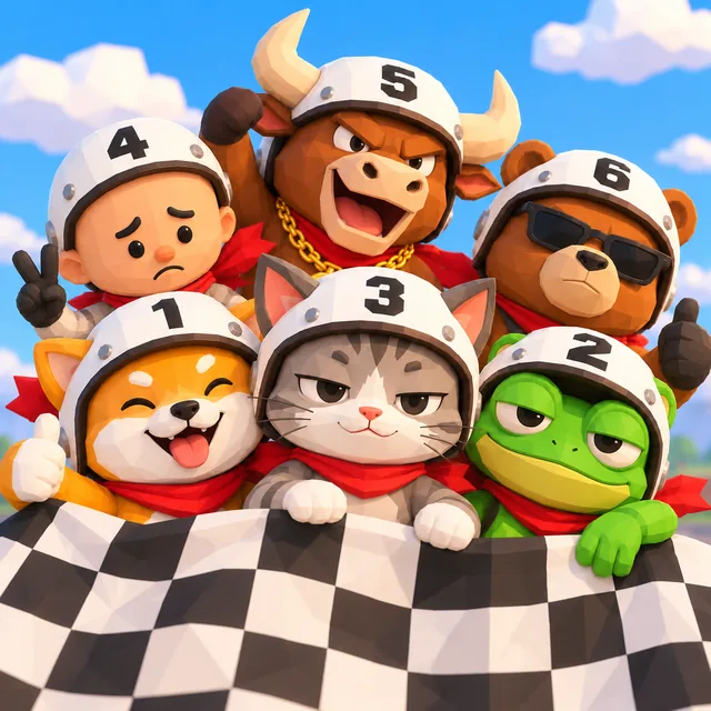 six helmets behind one checkered flag