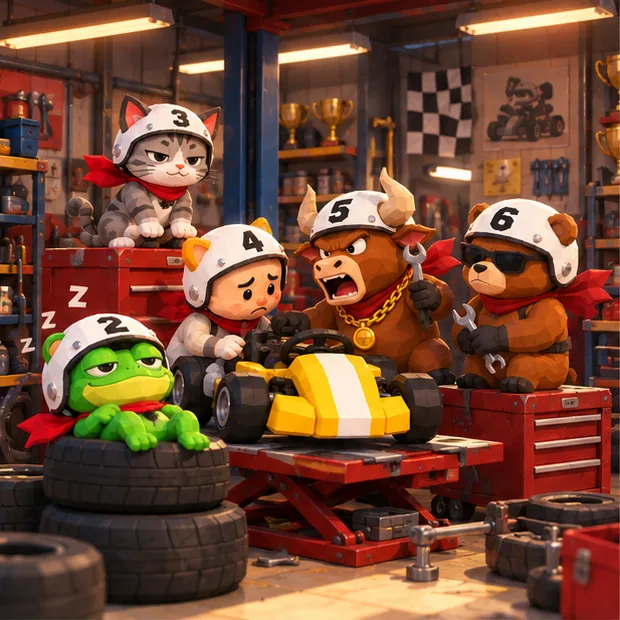 the garage: the bull yells at a wrench, the frog sleeps on the tyres, the cat supervises from the toolbox