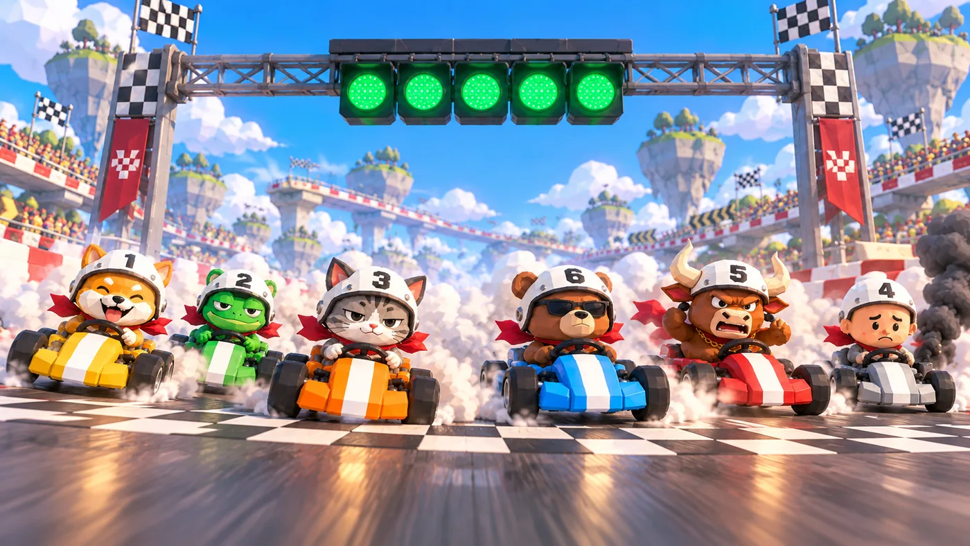 five green lights, six karts launching, one of them already smoking